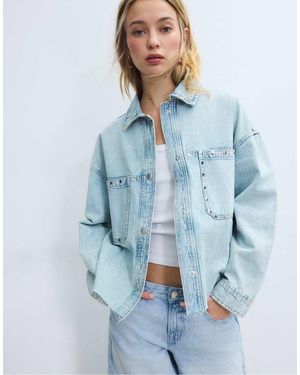 Stradivarius Cropped Studded Denim Overshirt - Blue