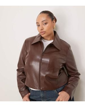ASOS Curve Tailored Faux Leather Zip Front Cropped Blazer - Brown