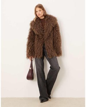 Brave Soul Longline Mongolian Faux Fur Jacket - Brown