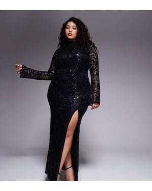 ASOS Asos Design Curve Embellished Lace Long Sleeve Maxi Dress With Split - Black