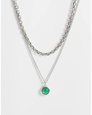 Reclaimed Vintage Unisex 2 Row Necklace With Green Stone Pendant - White