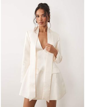 TFNC London Satin Scarf Detail V Neck With Shoulder Pad Detail Mini Dress - Natural