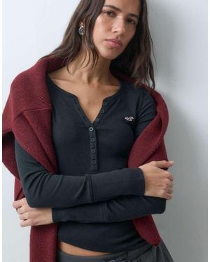 Hollister Icon Logo Long Sleeve Henley Top - Black