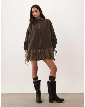 ASOS Hybride Corduroy Overhemd Mini Jurk Met Ballonmouwen En Voile Zoom - Naturel