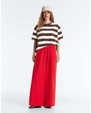 Oysho Wide-Leg 100% Cotton Poplin Trousers - Red