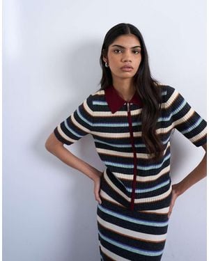 TOPSHOP Knitted Zip Through Multi Stripe Polo - Grey