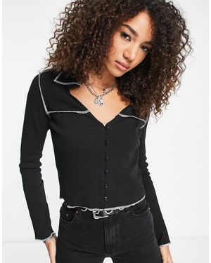 VIOLET ROMANCE Button Front Top With Contrast Seams - Black