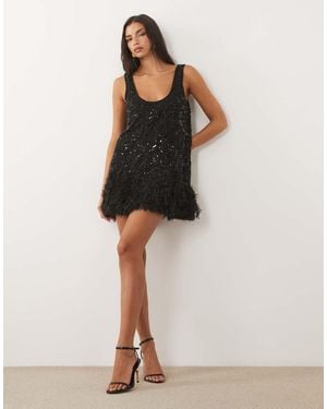 ASOS Embellished Scoop Neck Mini Dress With Faux Feather Hem - Black