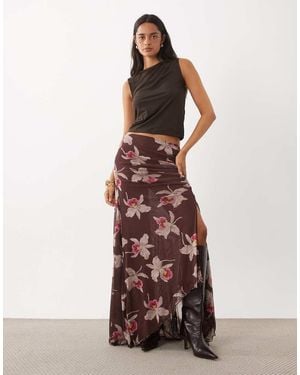 ASOS Co-Ord Printed Mesh Split Hank Hem Maxi Skirt - Brown