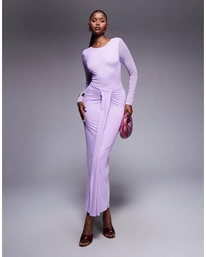 ASOS Mesh Long Sleeve Slash Neck Open Back Midi Dress With Sash - Purple