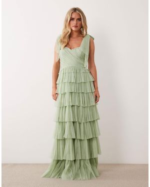 LACE & BEADS Bridesmaid Bow Shoulder Tulle Maxi Dress - Green