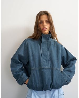 TOPSHOP Denim Funnel Neck Bubble Hem Top - Blue