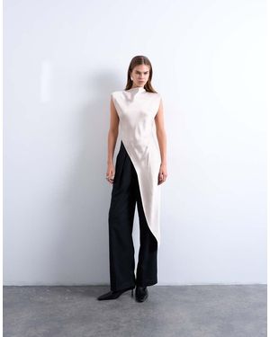 TOPSHOP Satin Asymmetric Hem Tunic Top With Shoulder Pads - White