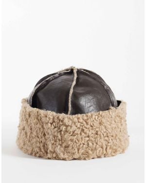 Pieces Faux Leather Winter Hat With Shearling Trim - Brown
