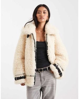 Miss Selfridge Teddy Oversized Aviator Jacket - Natural