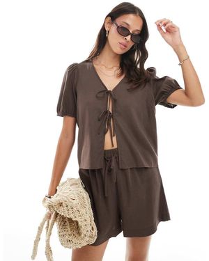 Pieces Tie Detail Short Sleeve Top Co-ord - Brown