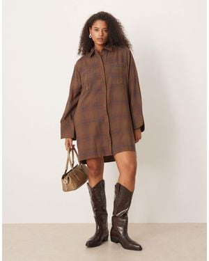 ASOS Asos Design Curve Mini Shirt Dress With Wide Cuffs And Oversized Pockets - Brown
