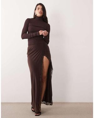 ASOS High Split Fitted Skirt With Lace Trim - Brown
