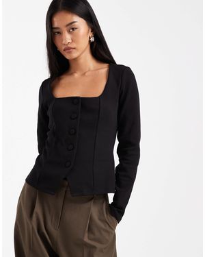 New Look Top boutonné à manches longues et encolure carrée - Noir