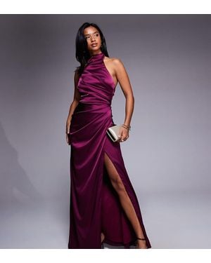 TFNC London Vestido Largo Rojo Con Cuello Alto De Satén De -Rosa - Morado