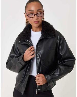 Threadbare Faux Leather Fur Collar Jacket - Black