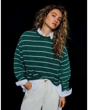 Bershka Striped Round Neck Sweatshirt - Green