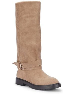 SEQWL Knee High Boots With Low Block Heel And Buckle Ankle Strap - Brown