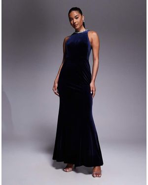 Jarlo Embellished High Neck Velvet Maxi Dress - Blue
