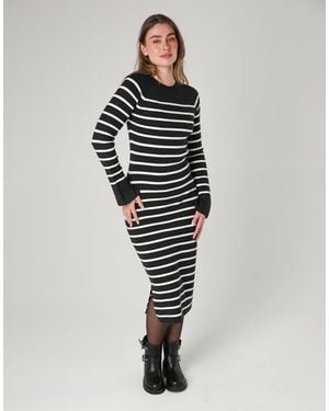 French Connection Cosy Striped Midi Dress With Bell Sleeves - Grey