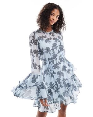 Vero Moda Chiffon Ruffle Sleeve Boho Mini Dress - Blue