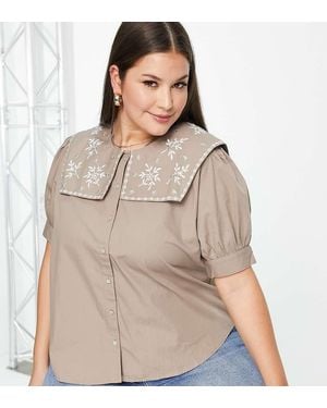 Vila Curve Shirt With Tabbard Embroidered Collar - Brown