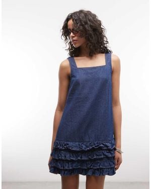 Reclaimed Vintage Denim Cami Mini Dress With Ruffle Details - Blue