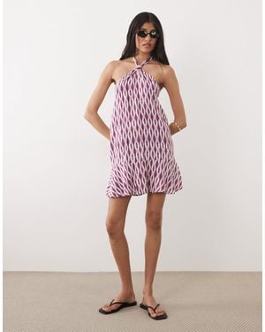Mango – teen – neckholder-minikleid mit muster und bindegürtel - Pink