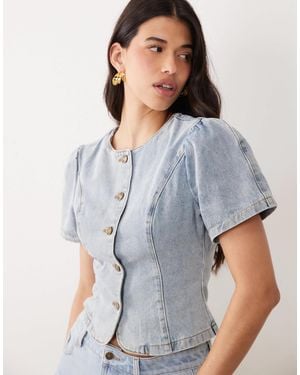 Lioness Femme Cotton Rich Puff Sleeve Button Up Blouse - Gray