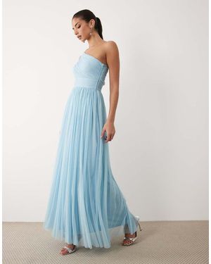 LACE & BEADS Bridesmaid Tulle One Shoulder Fitted Waist Maxi Dress - Blue