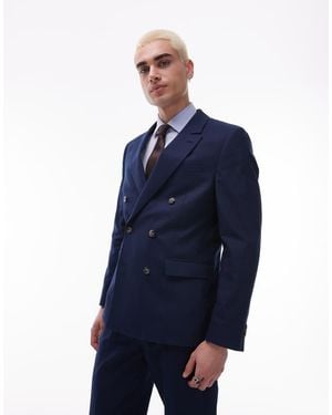 TOPMAN Double Breasted Linen Blend Blazer - Blue