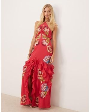 Maya Floral Embellished Halter Neck Maxi Dress - Red