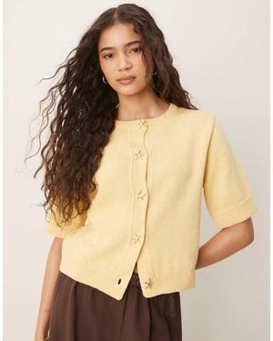 ASOS Knitted Half Sleeve Cardigan With Shell Buttons - Natural