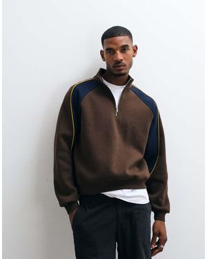 ASOS Relaxed 1/4 Zip With Cut & Sew Panelling And Contrast Piping - Black