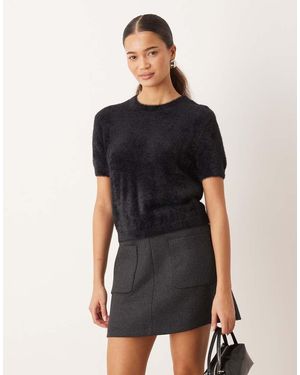 Mango Top De Manga Corta De Punto Mullido De - Negro