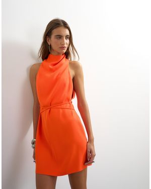 TOPSHOP Heavy Crepe High Cowl Neck Mini Dress With Tie Waist - Orange