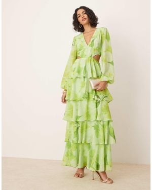 Pretty Lavish Cut Out Tiered Ruffle Maxi Dress - Green
