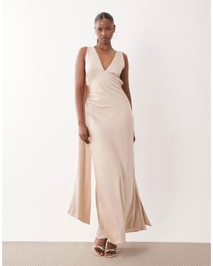TFNC London Bridesmaids Satin V-neck Lace-up Maxi Dress With Scarf - Natural