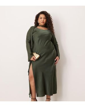 ASOS Asos Design Curve V Neck Scarf Detail Long Sleeve Maxi Dress - Green