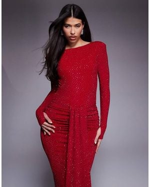 Wanderdoll Nara Sculpted Hotfix Slash Neck Bodysuit Co-Ord - Red