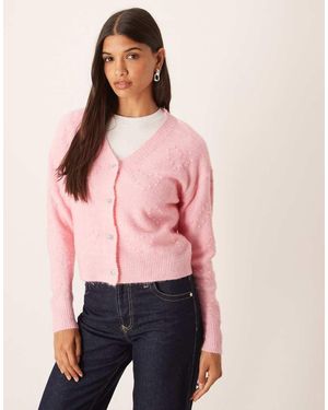 Vila Heart Boucle Knitted Cardigan With Silver Buttons - Pink
