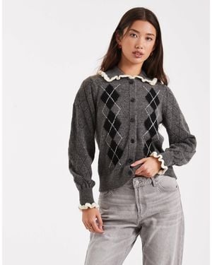 New Look Argyle Collar Cardigan - Gray