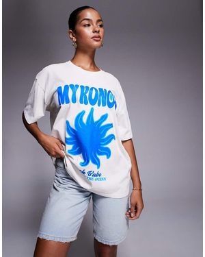 Kaiia Exclusive Cotton Mykonos Sun Graphic Oversized T-shirt - Blue