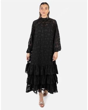 ANAYA Floral Burnout Long Sleeve Trapeze Midaxi Dress - Black