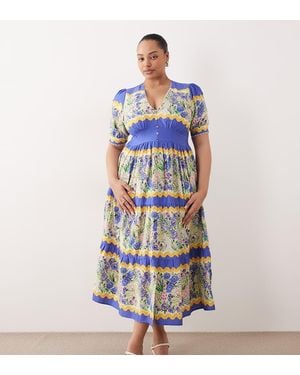 Hope & Ivy Plus Vestido Midi Amplio Con Estampado Floral, Cuello De Pico Y Mangas Abullonadas - Azul